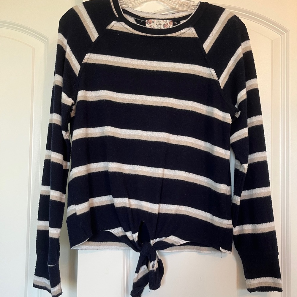 Navy, Cream, and White striped Dry Goods sweater, size Small.